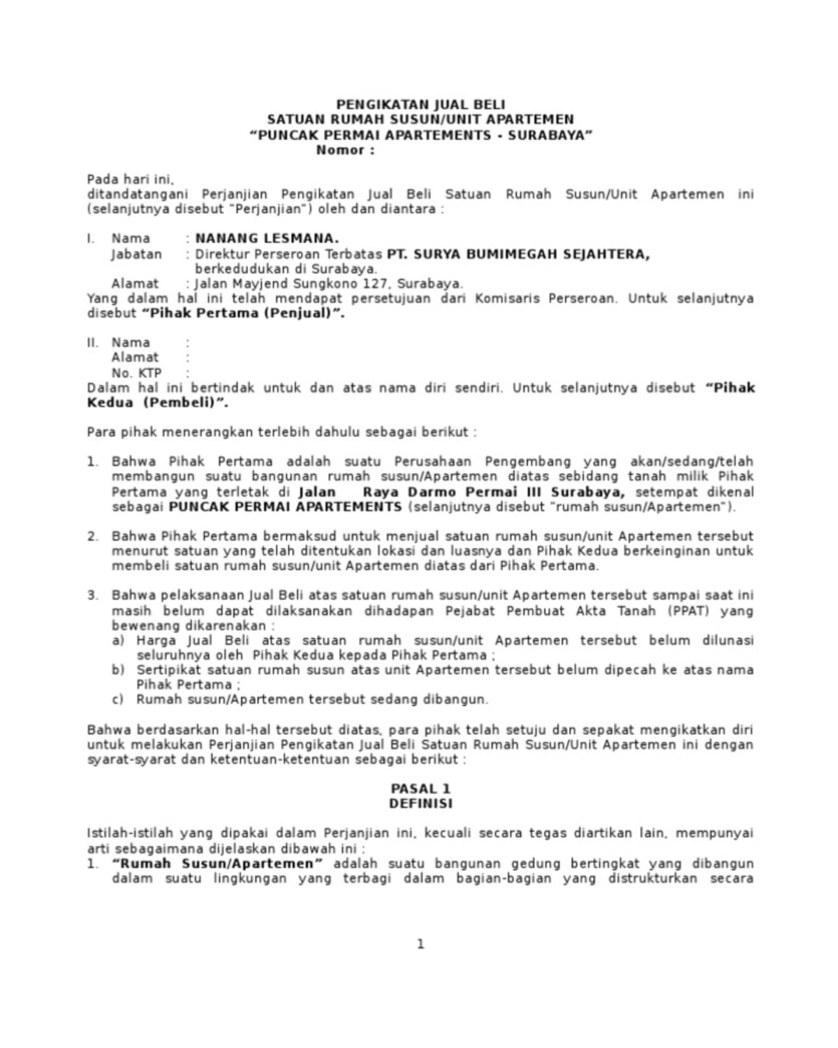 sertifikat apartemen ppjb
