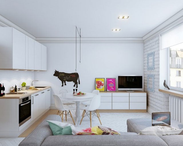 Desain Ruang Keluarga dan Dapur Tanpa Sekat Dominan Putih