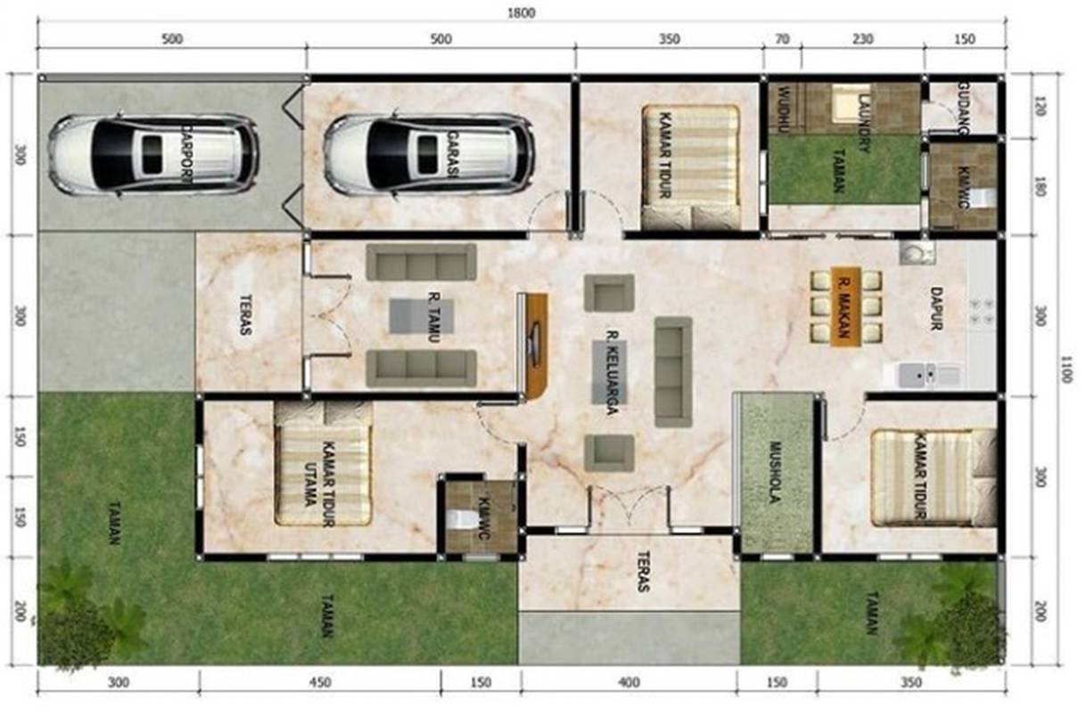Denah Rumah 3 Kamar Minimalis dengan Garasi