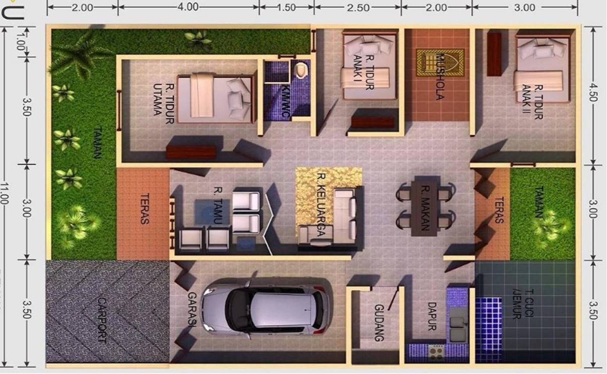 7 Denah Rumah 3 Kamar Teras Depan dan Samping yang Kekinian
