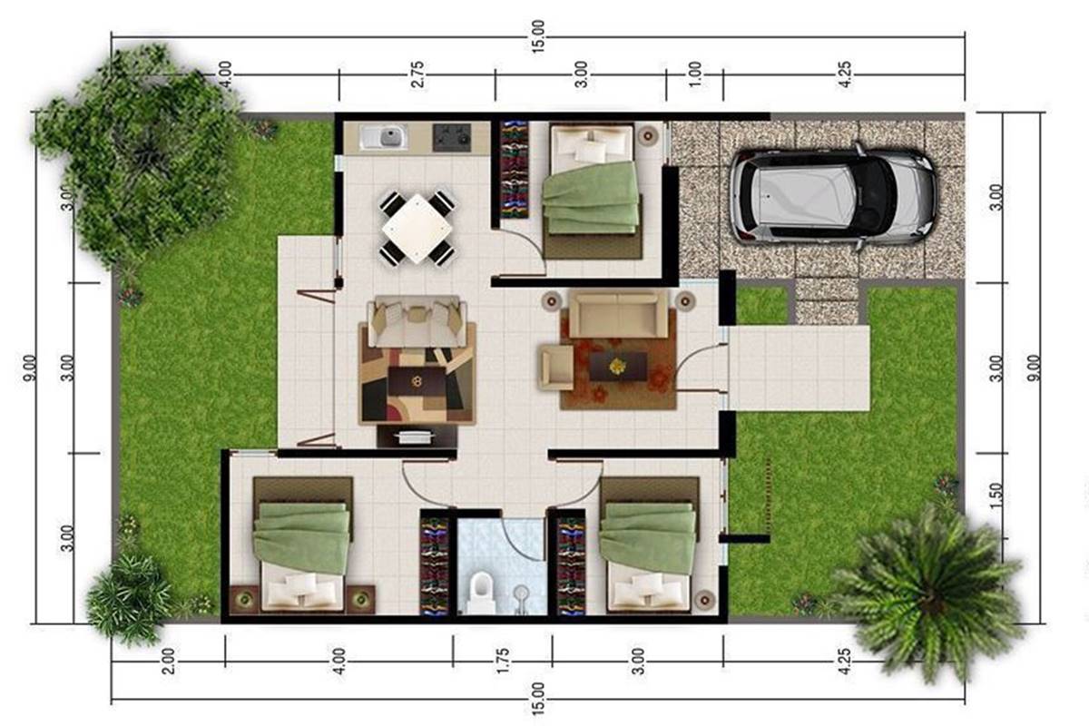 Denah Rumah Sederhana 3 Kamar 2 Teras