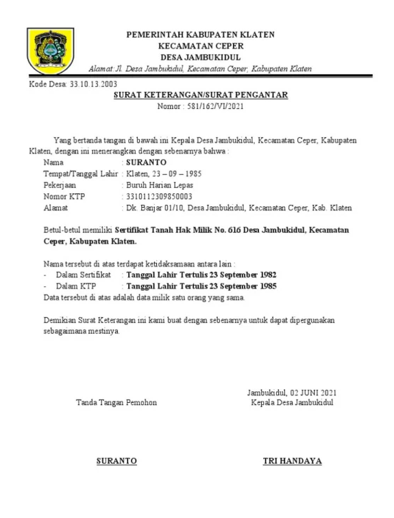 contoh surat keterangan beda nama sertifikat tanah dari kelurahan