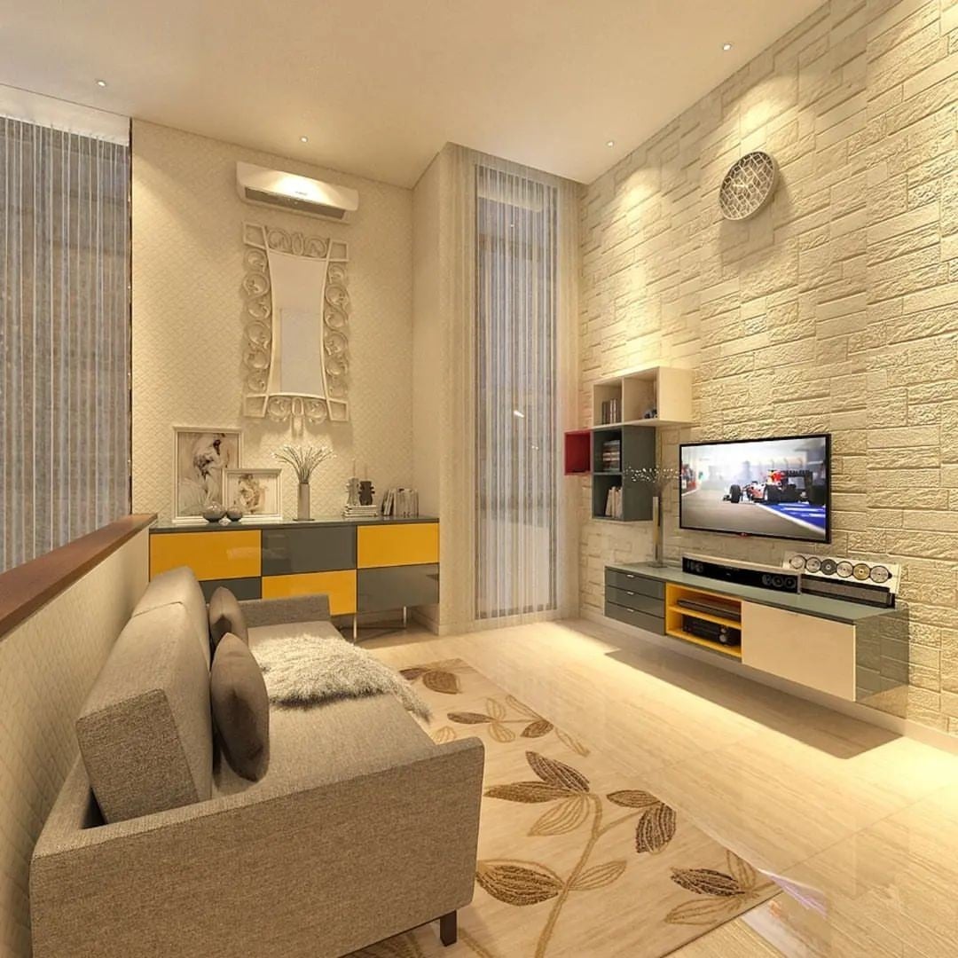 Desain Ruang TV Mewah dengan Dinding Motif Batu Alam