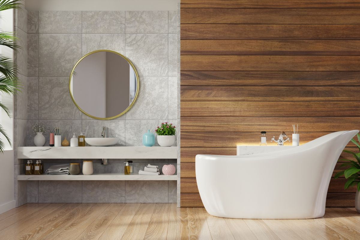 5. Desain Kamar Mandi Mewah Bernuansa Kayu