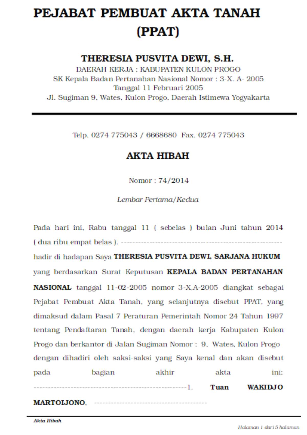 contoh akta hibah