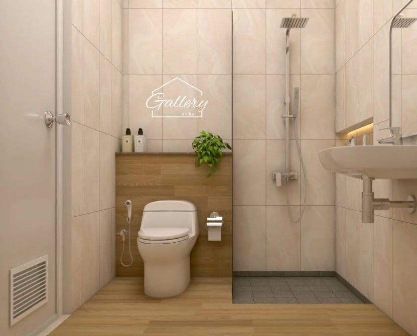 Desain Kamar Mandi Minimalis dengan Lantai Kayu