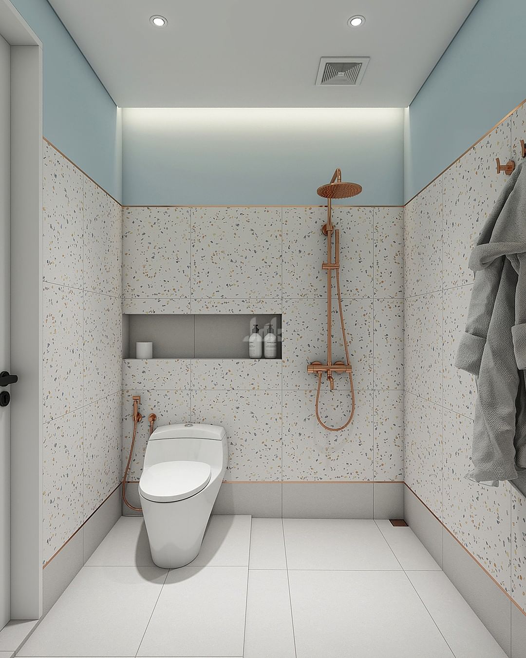 Desain Kamar Mandi Minimalis dengan Kombinasi Warna Rose Gold dan Biru Muda