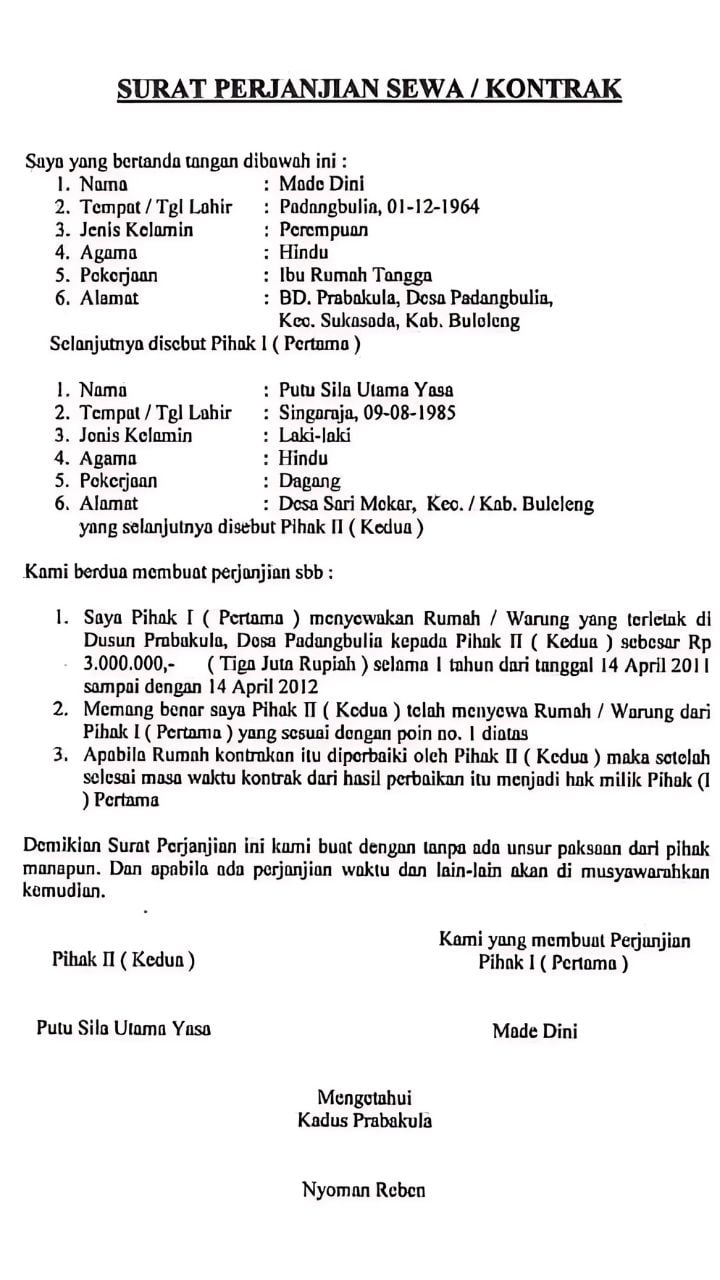 Contoh Surat Perjanjian Sewa Menyewa Rumah