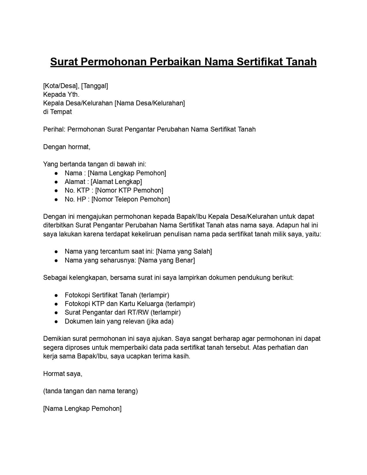 surat permohonan perbaikan nama sertifikat tanah