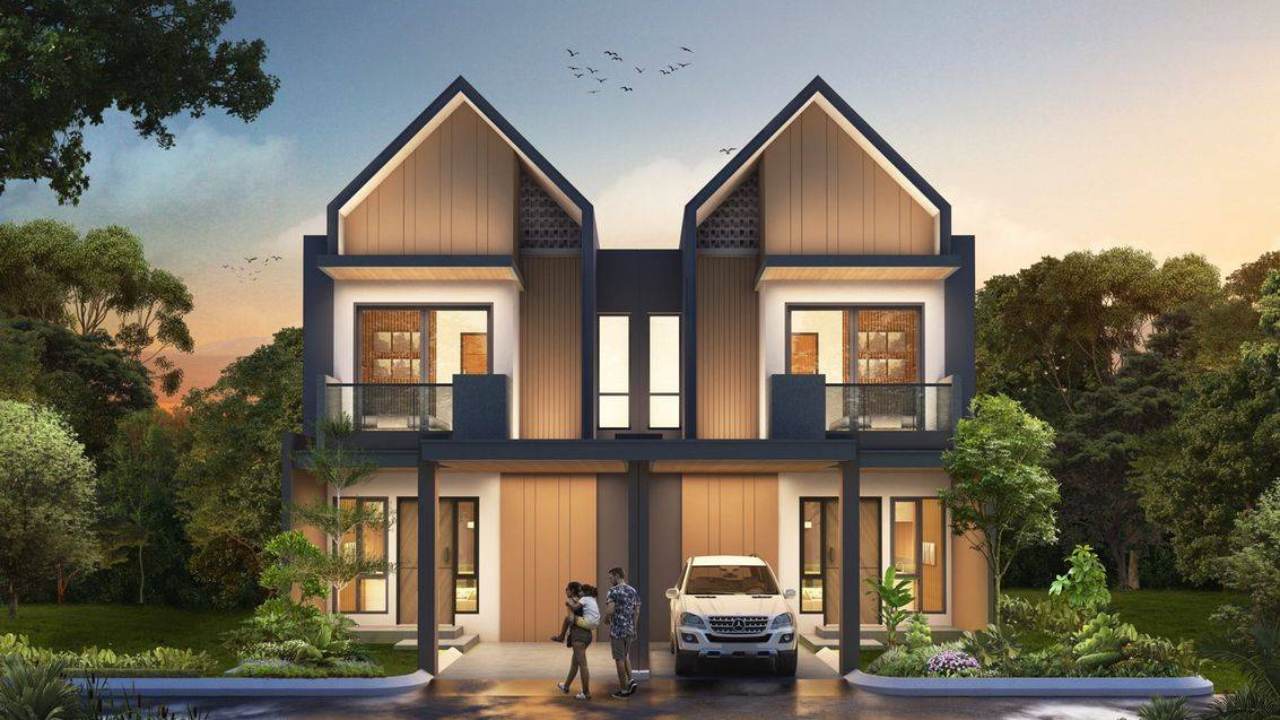 fasad rumah industrial 2 lantai parkland podomoro
