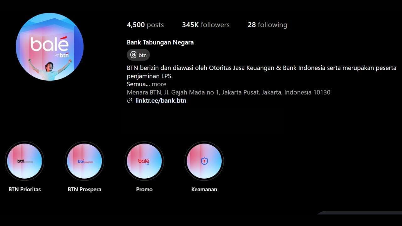 Akun Instagram resmi BTN