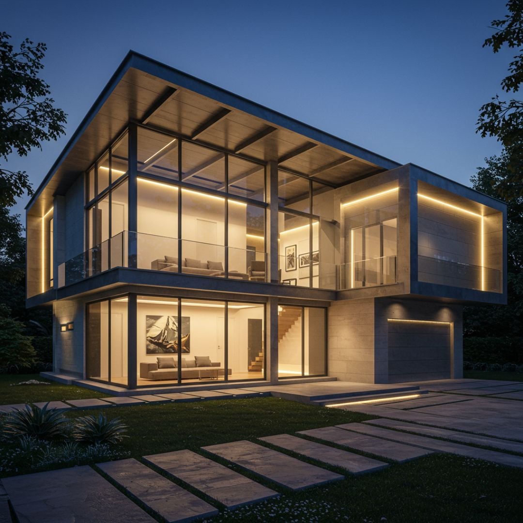 1. Rumah Futuristik dengan Dominasi Kaca dan Logam