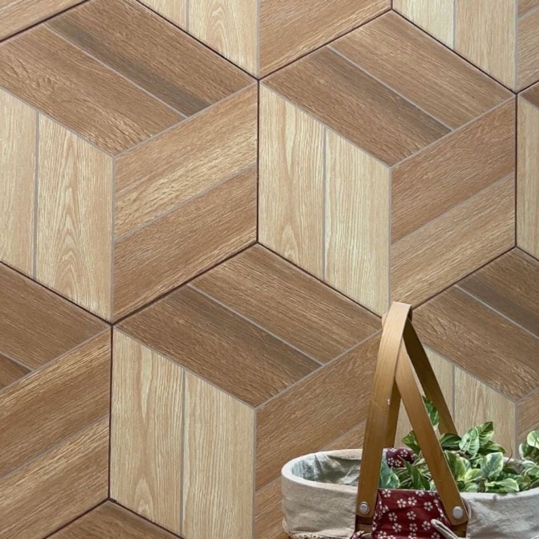 5. Model Keramik Dinding Teras Heksagonal Motif Kayu