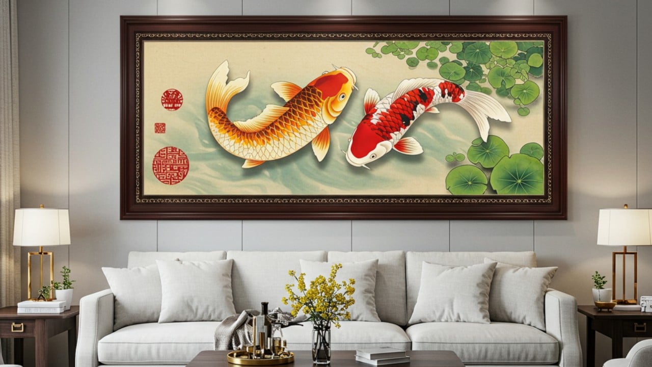 lukisan koi feng shui ruang tamu