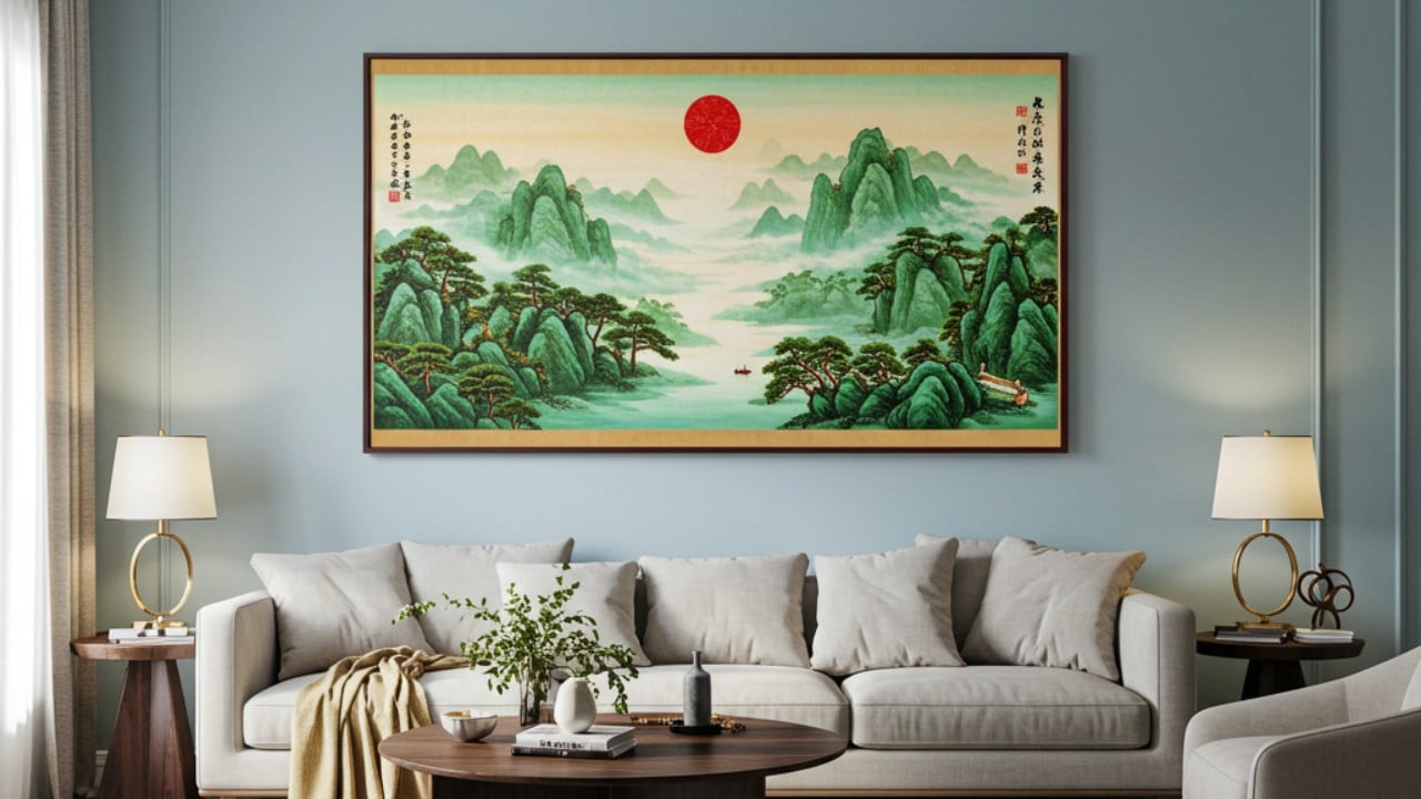 lukisan feng shui ruang tamu pemandangan alam