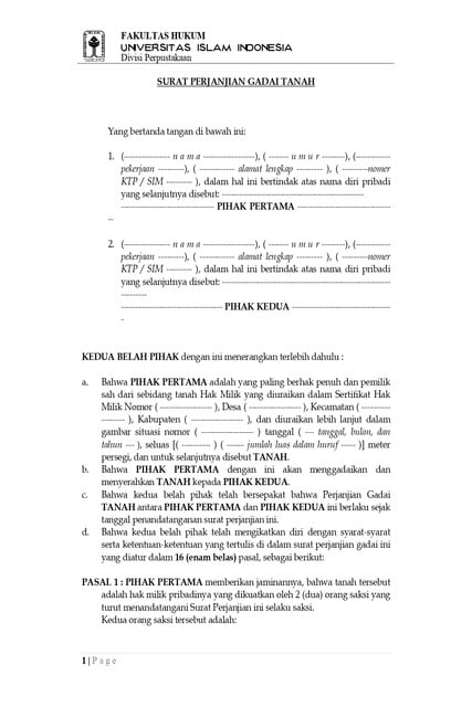 contoh surat gadai tanah