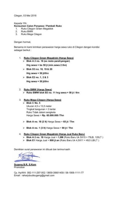contoh surat penawaran ruko baru