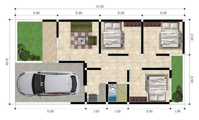 ukuran 6x12 denah rumah 3 kamar