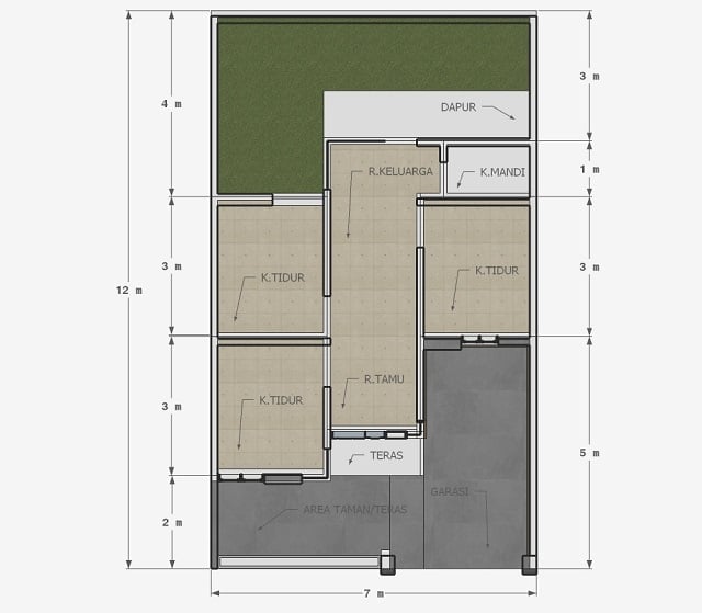 Denah Rumah 6x12 1 Lantai dengan Garasi
