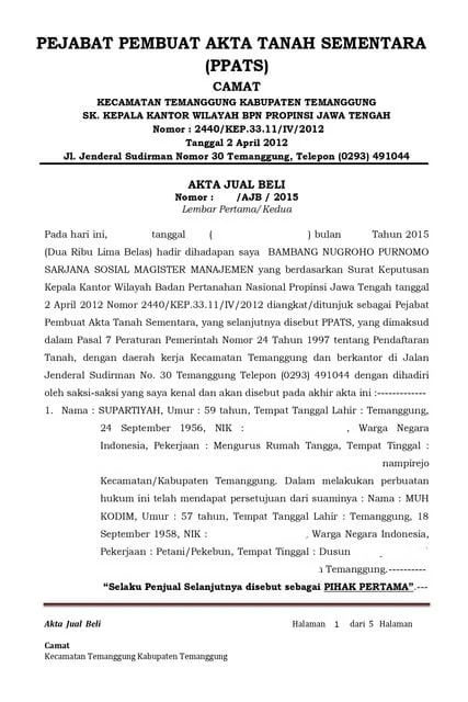 Contoh Akta Jual Beli Tanah PPAT Camat dan Cara Membuatnya