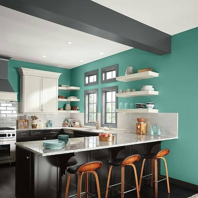 desain dapur cantik hijau hitam
