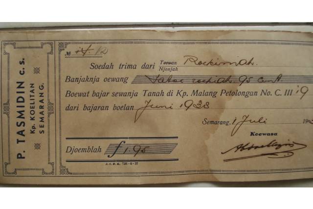 contoh kwitansi sewa tanah tahun 1930an