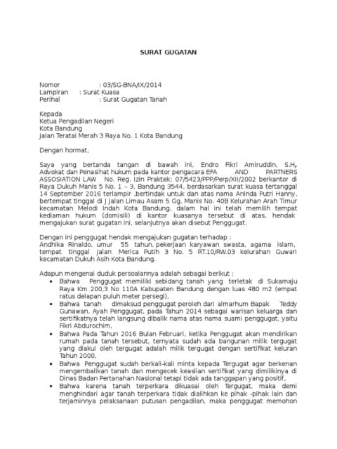 contoh surat gugatan sengketa tanah