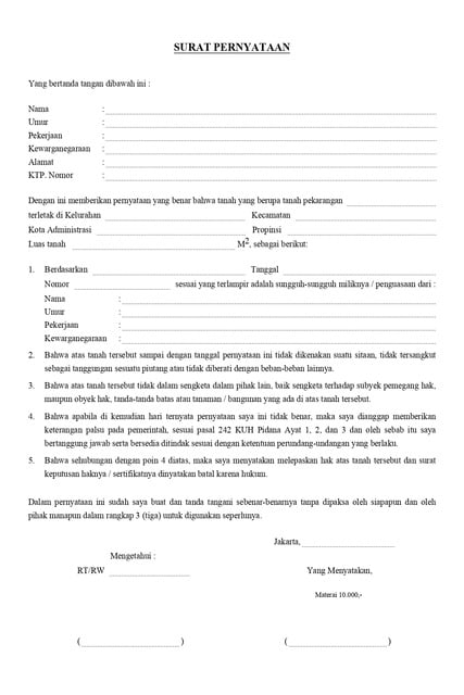 surat pernyataan tanah tidak sengketa