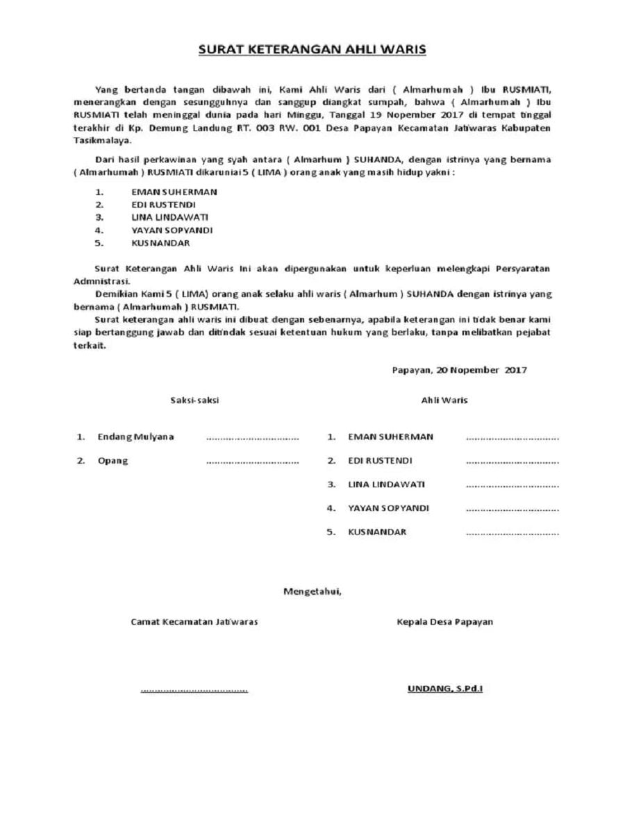 contoh surat keterangan ahli waris
