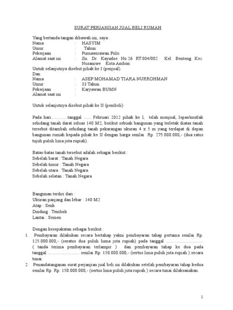 contoh surat perjanjian jual beli rumah pertama