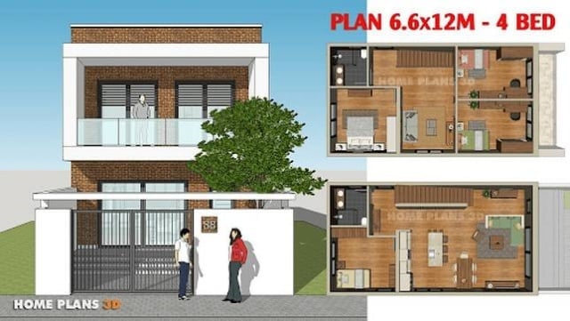 denah rumah 2 lantai 4 kamar tidur di lahan sempit