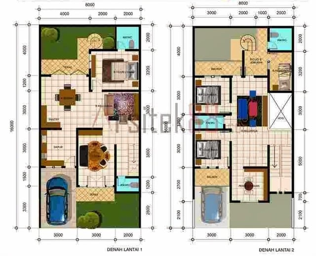 denah rumah 2 lantai 3 kamar tidur kecil 1 kamar besar