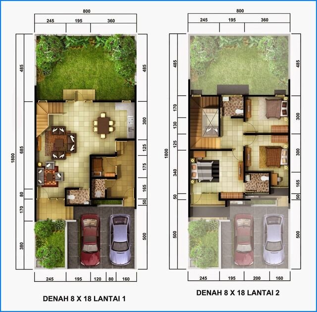 denah rumah 2 lantai 4 kamar tidur dengan carport dan taman