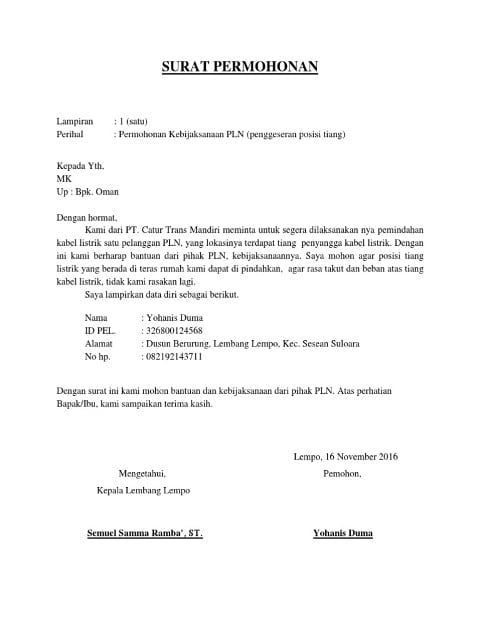 surat pemindahan permohonan tiang listrik