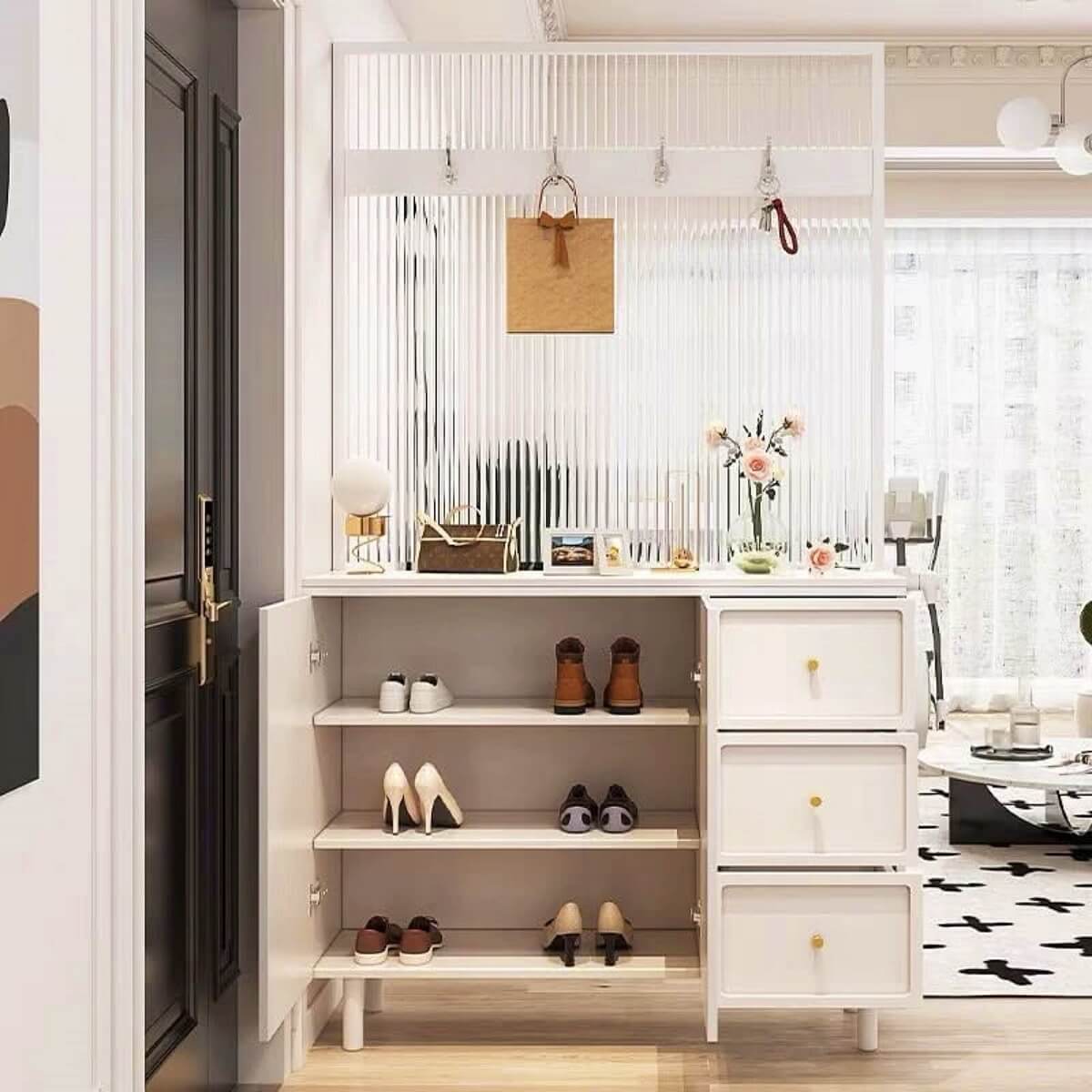 model lemari pembatas modern dengan rak sepatu