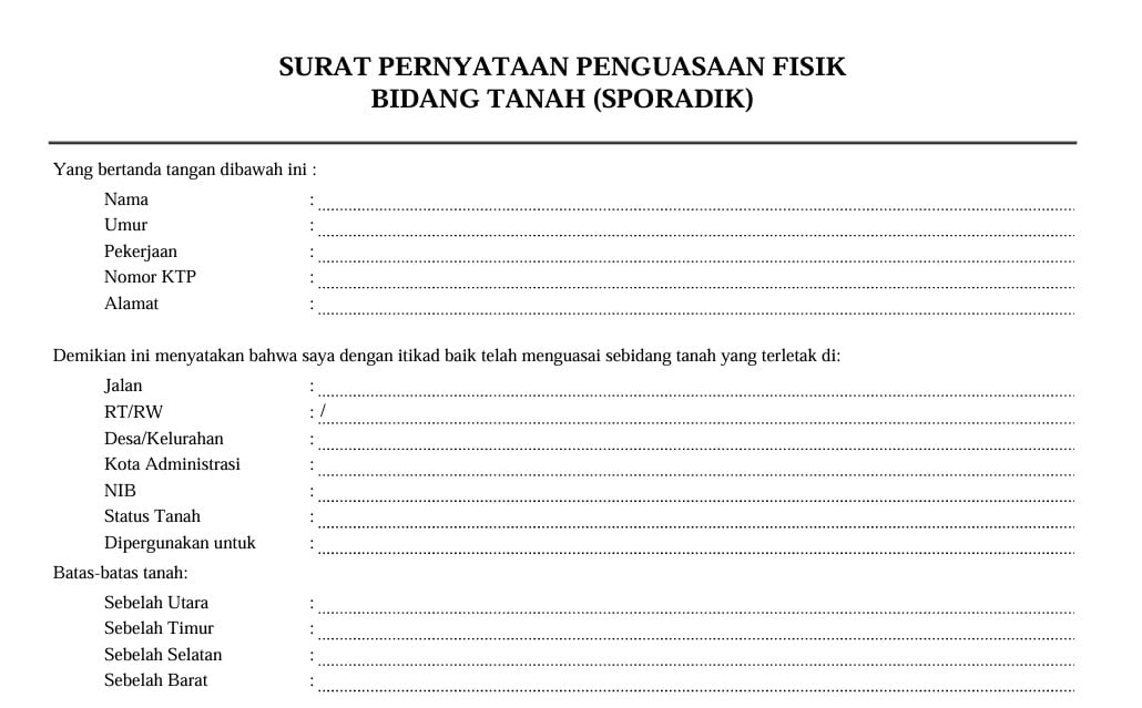 surat pernyataan penguasaan fisik bidang tanah surat pernyataan penguasaan fisik bidang tanah