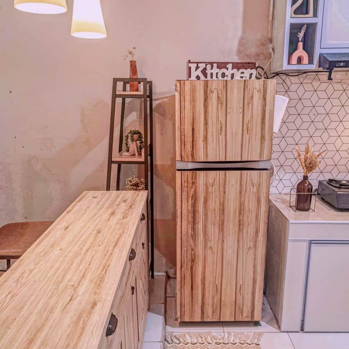 stiker kulkas 2 pintu motif kayu