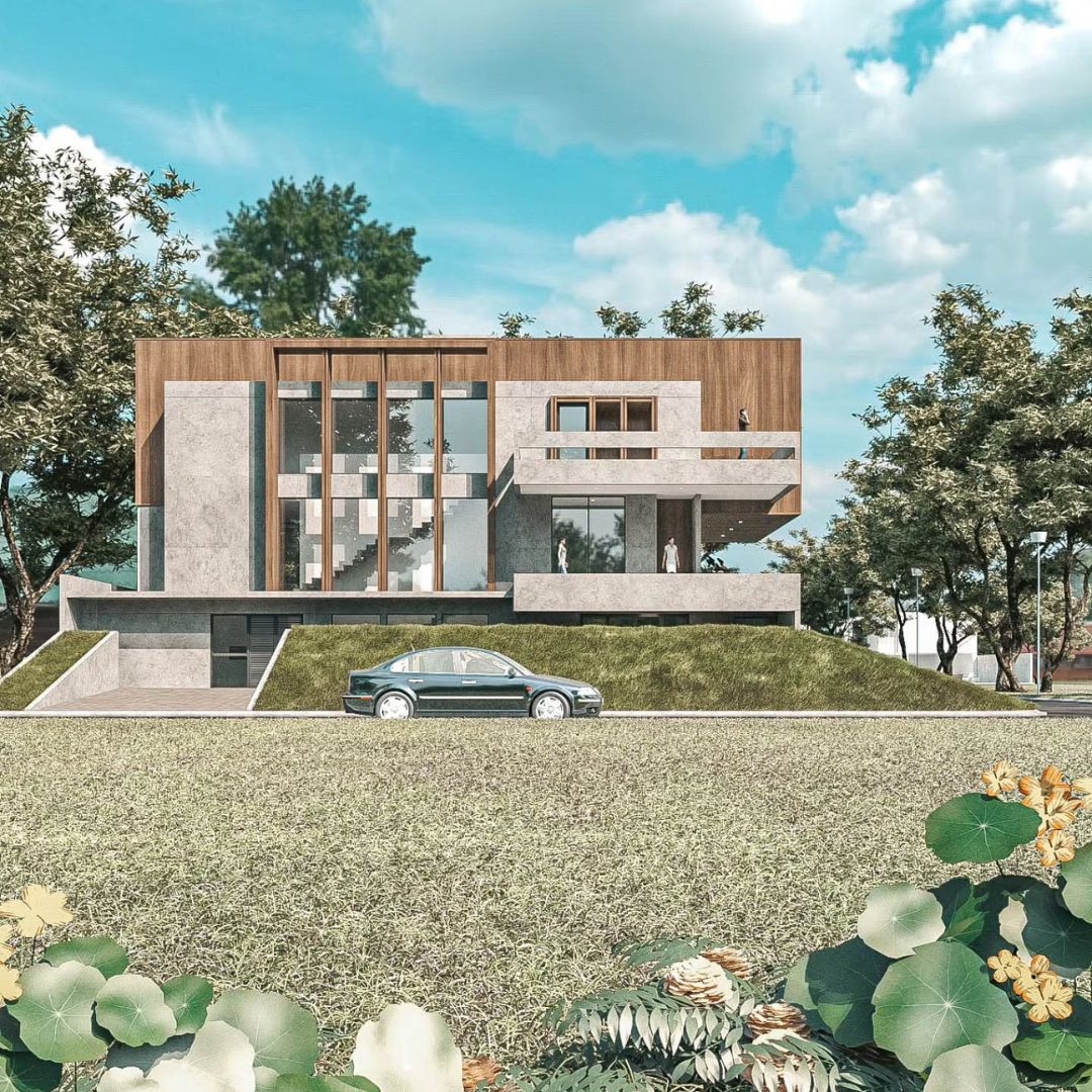 1. Desain Rumah Jepang 2 Lantai dengan Kehangatan Kayu dan Cat Kamprot Abu-abu