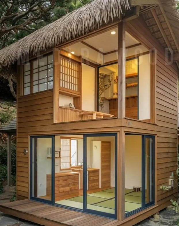 2. Desain Rumah Jepang 2 Lantai dengan Material Kayu