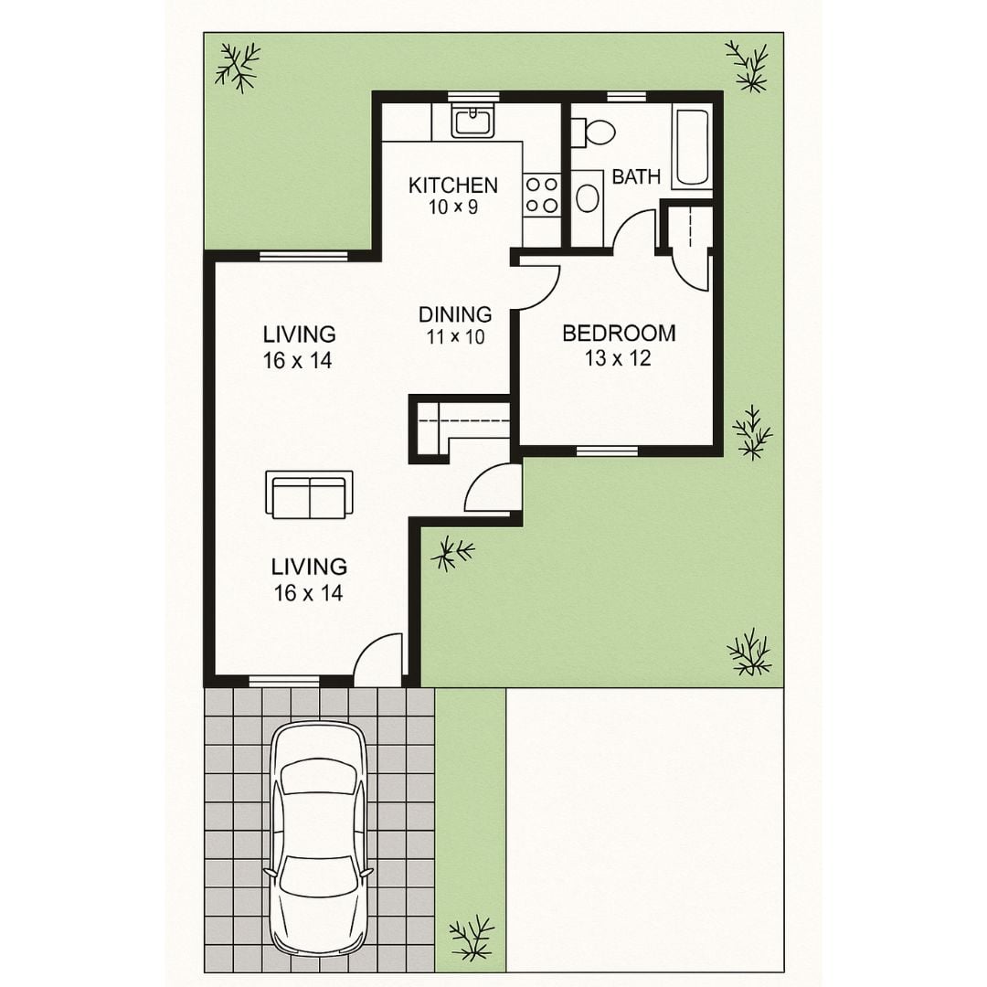 3. Denah Rumah Leter L dengan Ruang Keluarga yang Luas