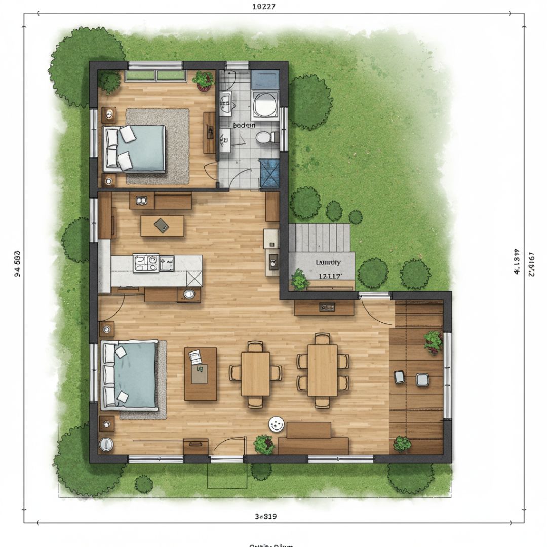 4. Denah Rumah Letter L dengan Area Taman