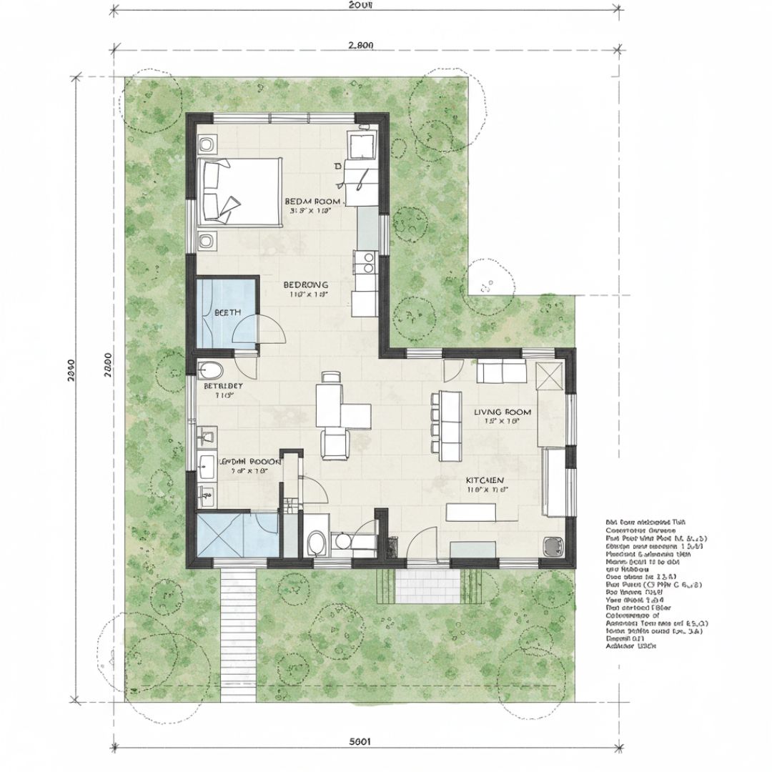 5. Denah Rumah Leter L dengan 2 Pintu Masuk
