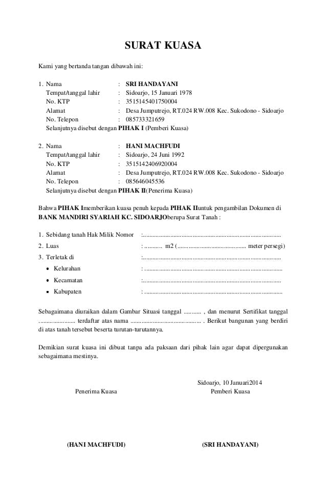 Contoh Surat Kuasa Pengambilan Sertifikat Tanah