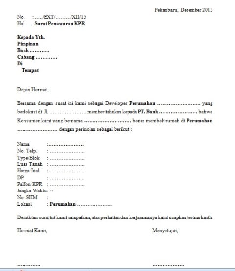 contoh surat penawaran rumah lewat kpr