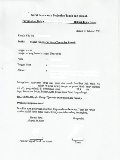 contoh surat penawaran tanah dan rumah