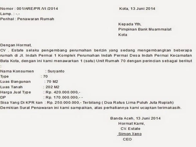 surat penawaran rumah dari developer