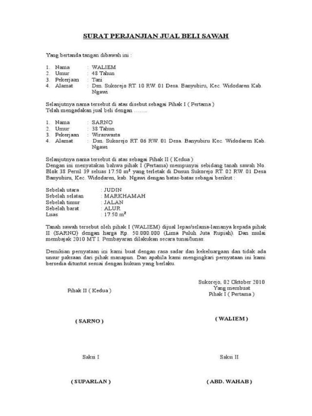 contoh surat jual beli tanah sawah