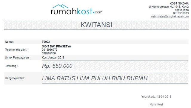 contoh kwitansi sewa kost