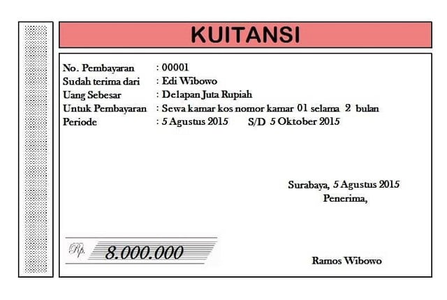 contoh kwitansi sewa kost