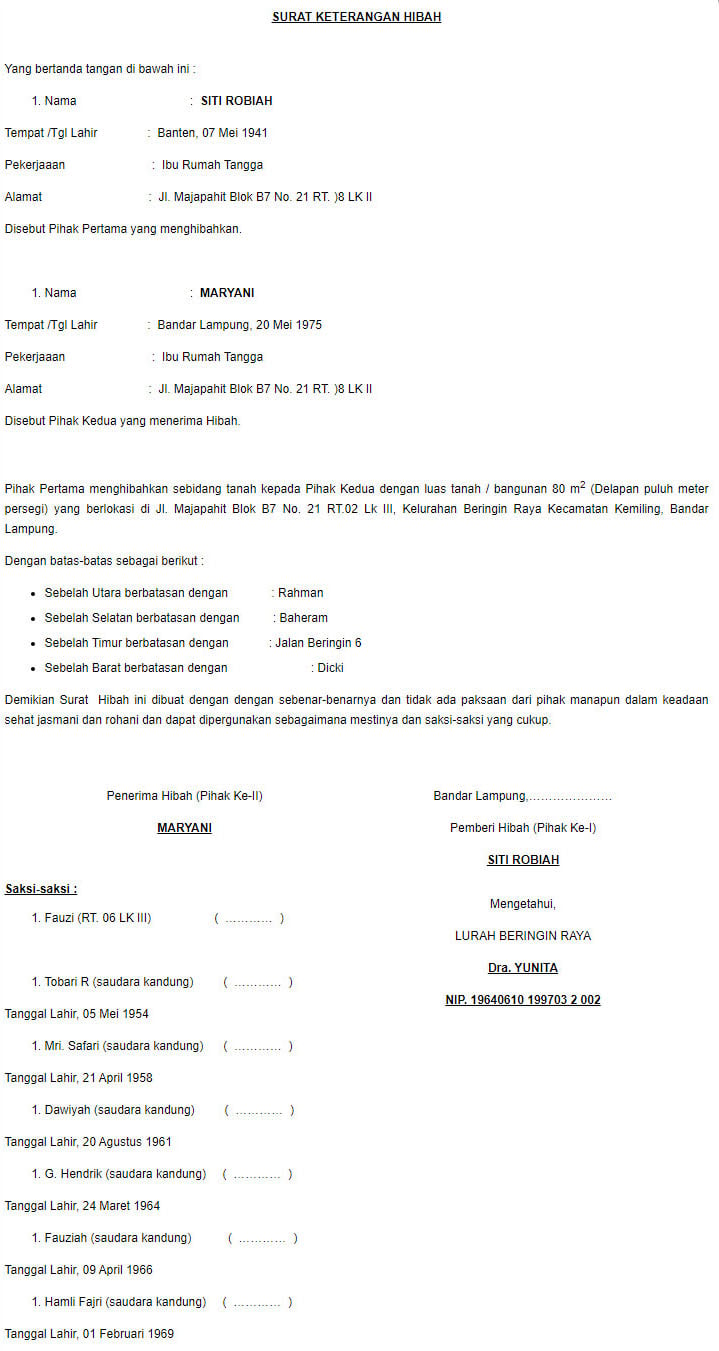 contoh surat hibah tanah